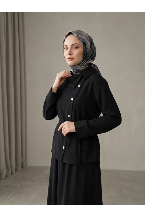 Lunsera Kadın Plazma Kumaş Çapraz Düğmeli Tesettür Takım -Siyah