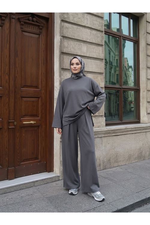 Soft Dokulu Asimetrik Tünik ve Bol Paça Pantolon İkili Takım -Antrasit