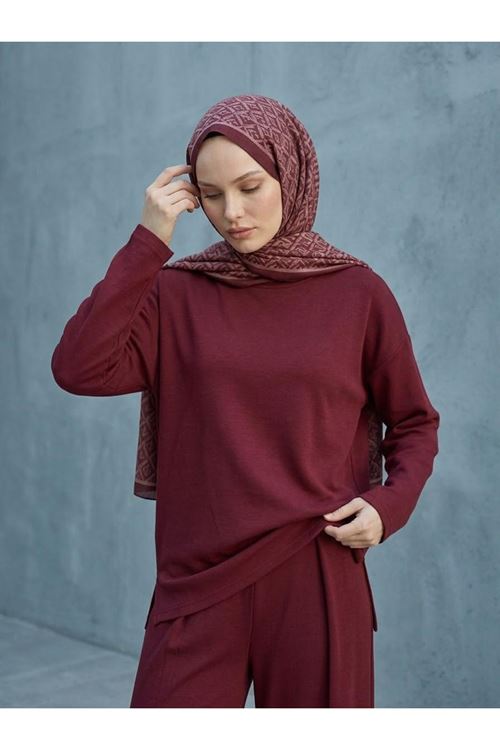 Soft Dokulu Asimetrik Tünik ve Bol Paça Pantolon İkili Takım -Bordo