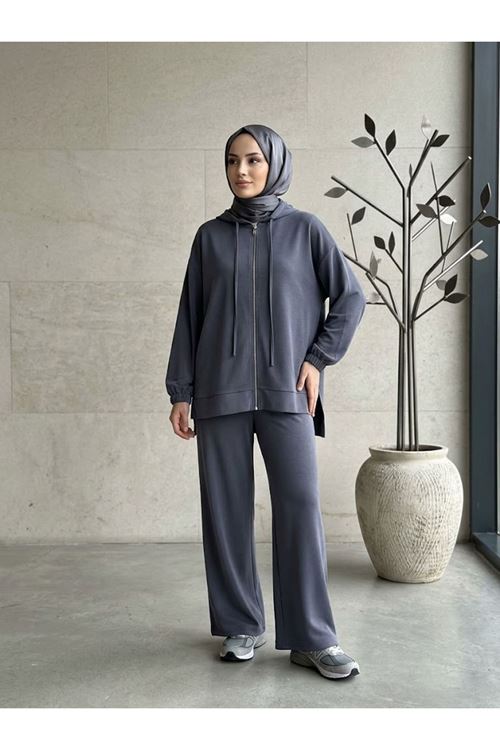 Kadın Pike Kumaş Kapüşonlu Fermuarlı İkili Eşofman Takımı Oversize Rahat Kalıp -Antrasit