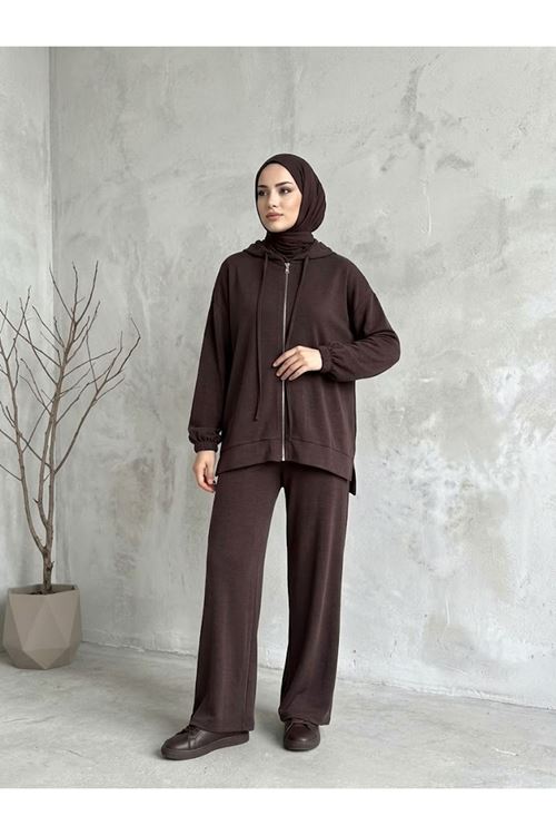 Kadın Pike Kumaş Kapüşonlu Fermuarlı Eşofman Takımı Oversize Rahat Kalıp - Kahve