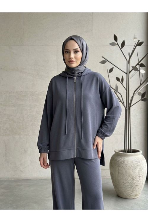 Kadın Pike Kumaş Kapüşonlu Fermuarlı İkili Eşofman Takımı Oversize Rahat Kalıp -Antrasit