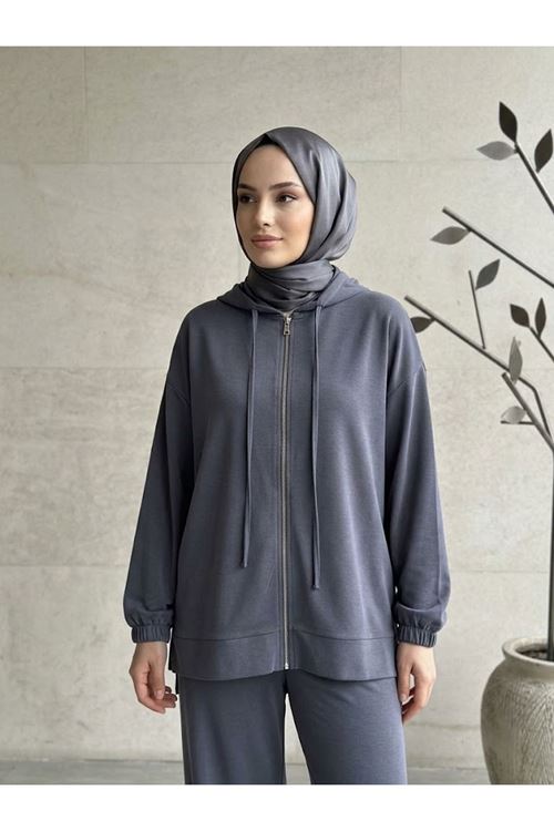 Kadın Pike Kumaş Kapüşonlu Fermuarlı İkili Eşofman Takımı Oversize Rahat Kalıp -Antrasit