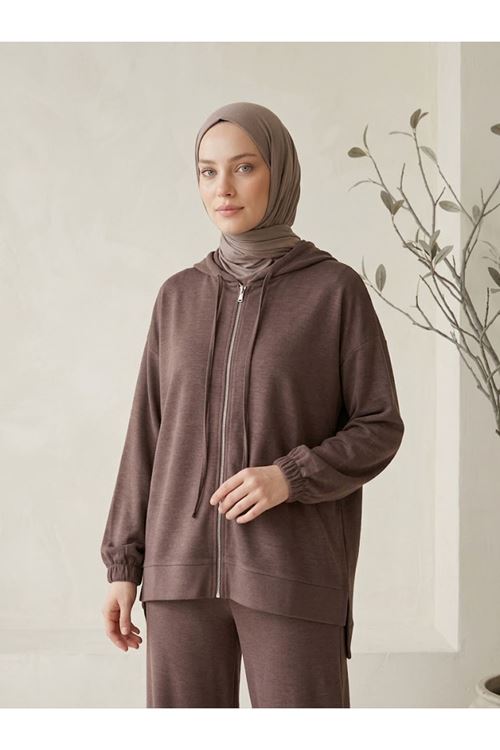 Kadın Pike Kumaş Kapüşonlu Fermuarlı Eşofman Takımı Oversize Rahat Kalıp - Açık Kahve
