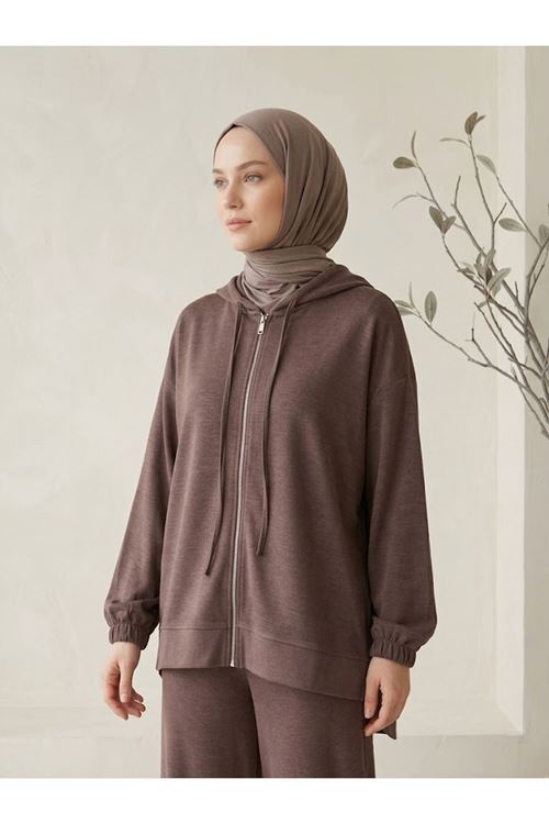 Kadın Pike Kumaş Kapüşonlu Fermuarlı Eşofman Takımı Oversize Rahat Kalıp - Açık Kahve