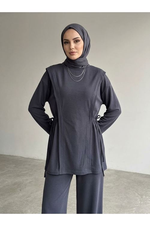 Kadın Pike Kumaş Yandan Bağlamalı İkili Takım Rahat Kalıp Günlük Spor Takım -Antrasit