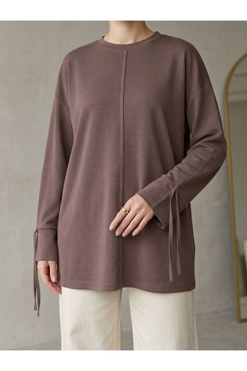 Kadın Pike Kumaş Kol Bağcıklı Uzun Kollu Oversize Tunik Rahat Kesim -Kahve