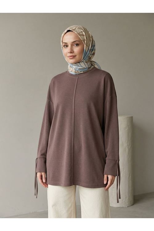 Kadın Pike Kumaş Kol Bağcıklı Uzun Kollu Oversize Tunik Rahat Kesim -Kahve
