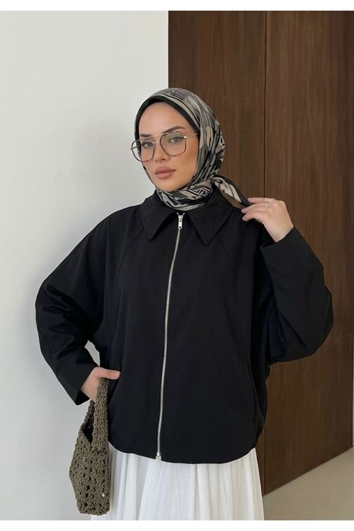 Kadın Bondit Kumaş Fermuarlı Bomber Ceket Oversize Rahat Kesim -Siyah