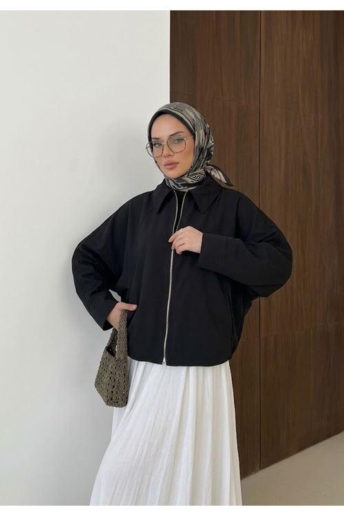 Kadın Bondit Kumaş Fermuarlı Bomber Ceket Oversize Rahat Kesim -Siyah