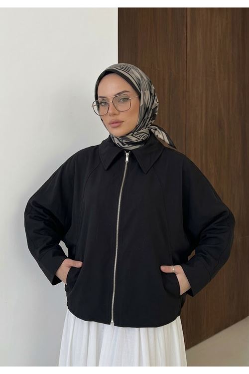 Kadın Bondit Kumaş Fermuarlı Bomber Ceket Oversize Rahat Kesim -Siyah