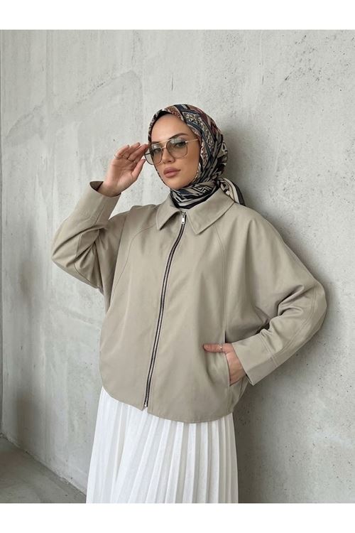 Kadın Bondit Kumaş Fermuarlı Bomber Ceket Oversize Rahat Kesim -Taş