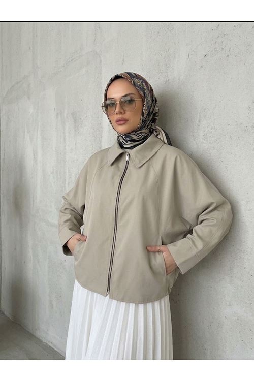 Kadın Bondit Kumaş Fermuarlı Bomber Ceket Oversize Rahat Kesim -Taş