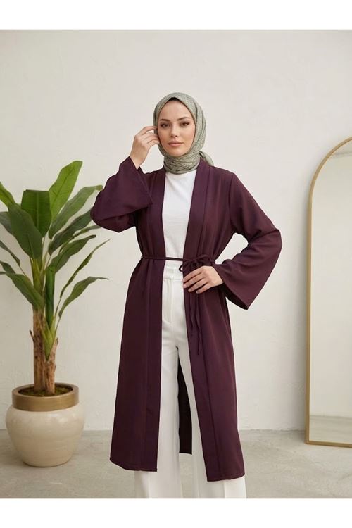 Kuşaklı Dabıl Kumaş Kimono -Bordo