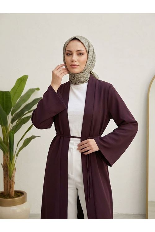 Kuşaklı Dabıl Kumaş Kimono -Bordo