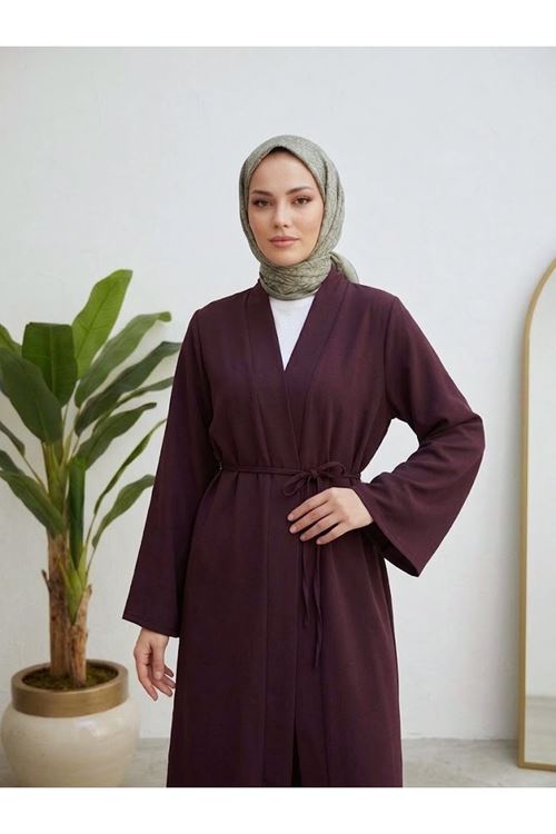 Kuşaklı Dabıl Kumaş Kimono -Bordo