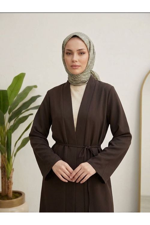 Kuşaklı Dabil Kumaş Kimono -Kahve
