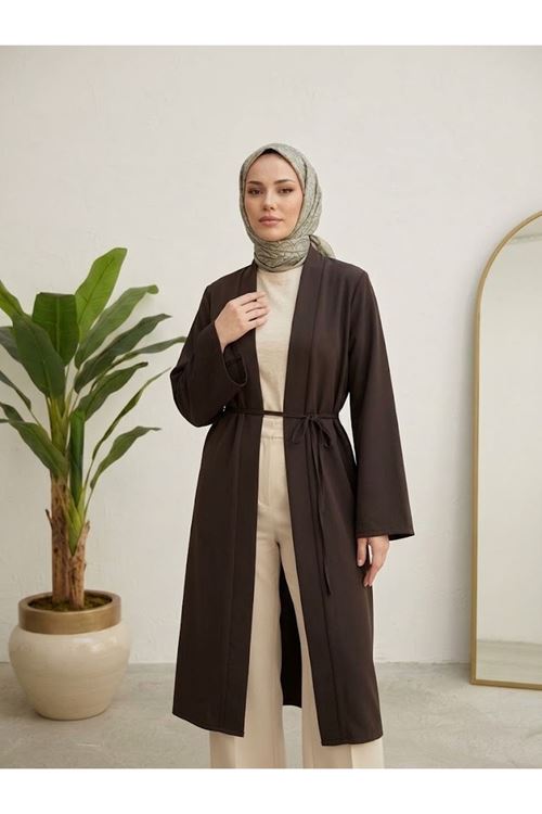 Kuşaklı Dabil Kumaş Kimono -Kahve