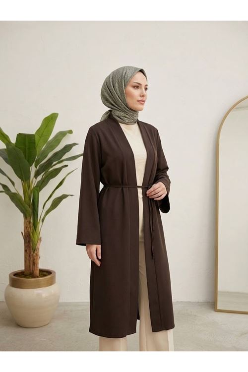 Kuşaklı Dabil Kumaş Kimono -Kahve
