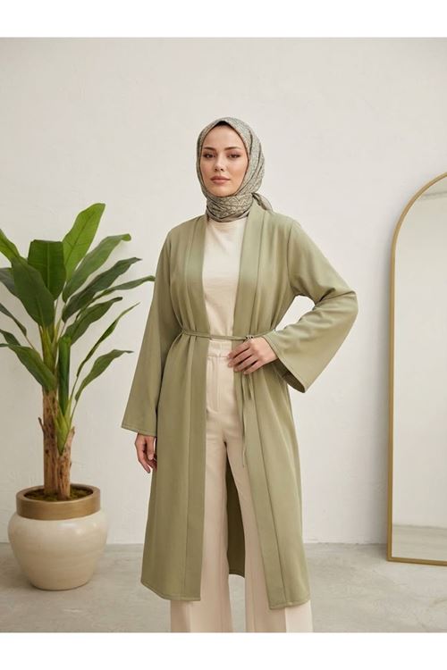 Kuşaklı Dabil Kumaş Kimono -Açık Haki