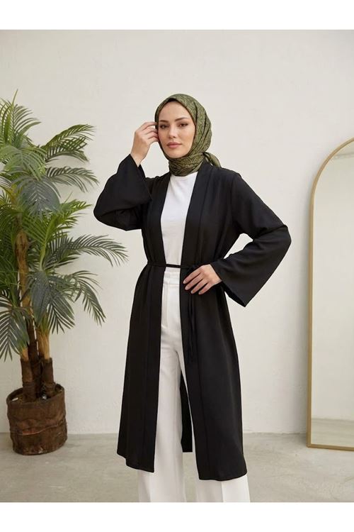 Kuşaklı Dabil Kumaş Kimono -Siyah