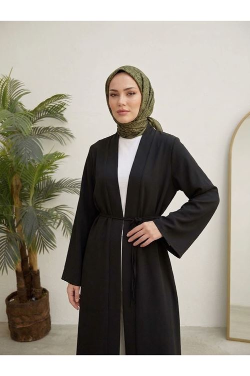 Kuşaklı Dabil Kumaş Kimono -Siyah