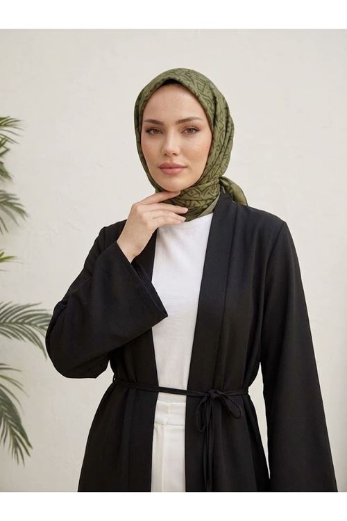 Kuşaklı Dabil Kumaş Kimono -Siyah