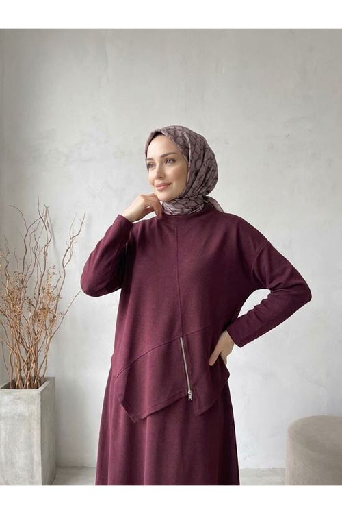 Fermuar Detay Asimetrik Kesim Etekli Takım-Bordo