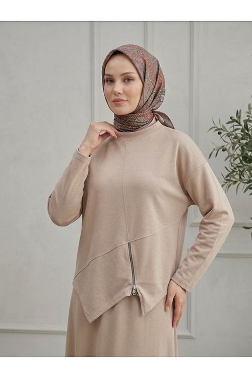 Fermuar Detay Asimetrik Kesim Etekli Takım-Bej
