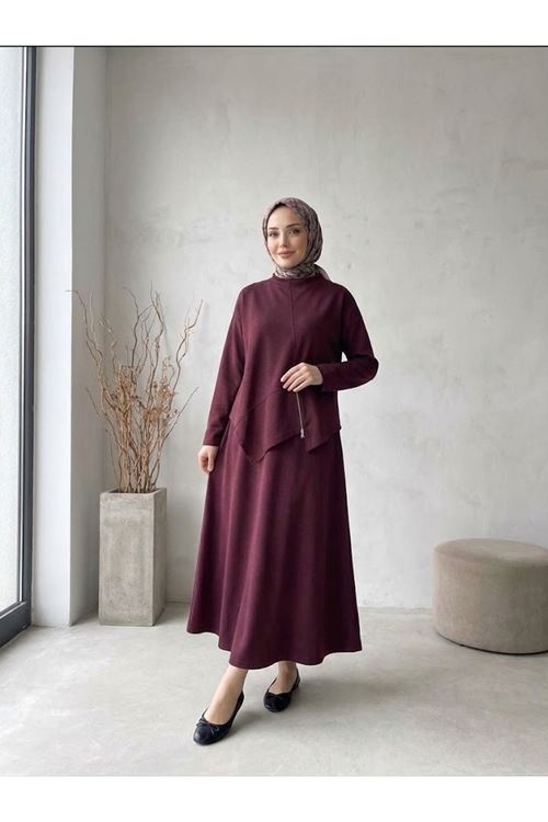 Fermuar Detay Asimetrik Kesim Etekli Takım-Bordo