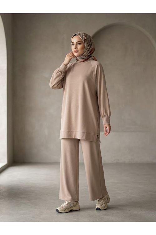 İki Yan Fermuar Detay Reglan Kol Pantolonlu Takım-Bej