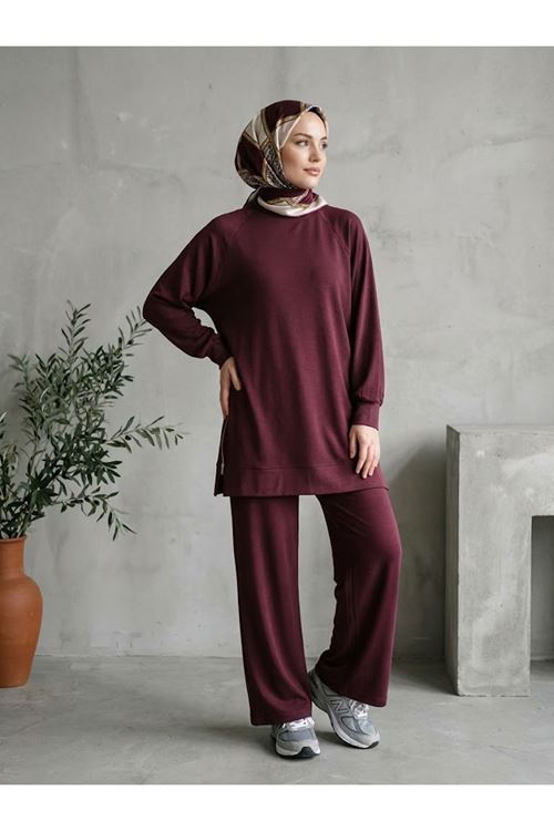 İki Yan Fermuar Detay Reglan Kol Pantolonlu Takım-Bordo