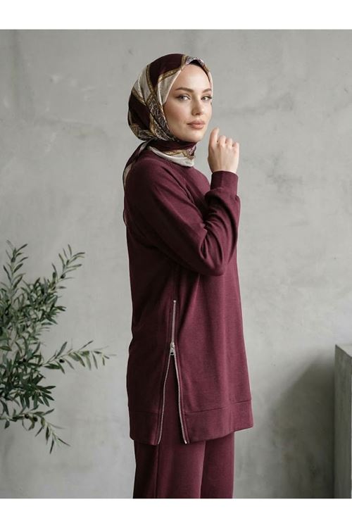İki Yan Fermuar Detay Reglan Kol Pantolonlu Takım-Bordo