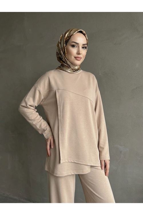 Ön Hareket Detay Pantolonlu Takım-Bej