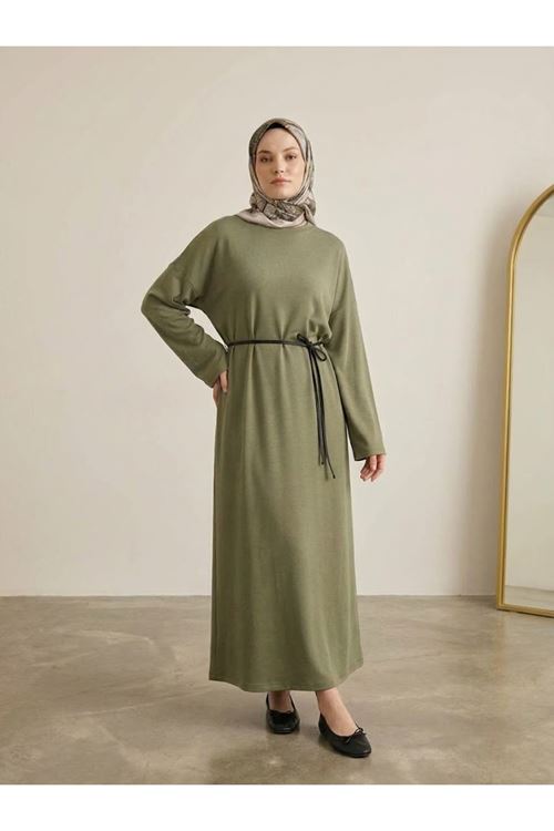 Comfort Dokulu Uzun Elbise -Haki