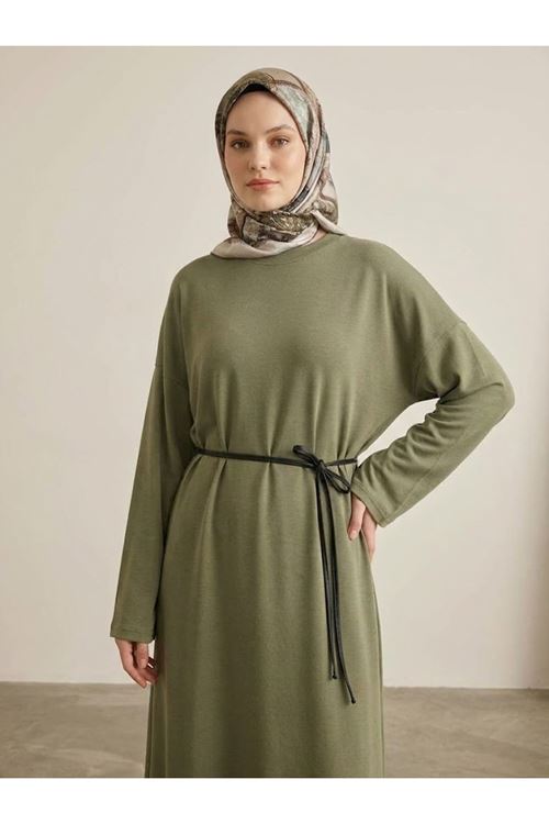 Comfort Dokulu Uzun Elbise -Haki