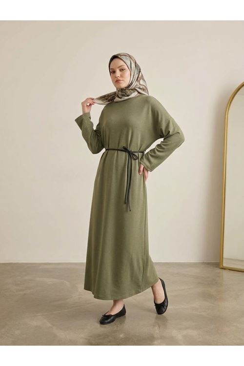 Comfort Dokulu Uzun Elbise -Haki