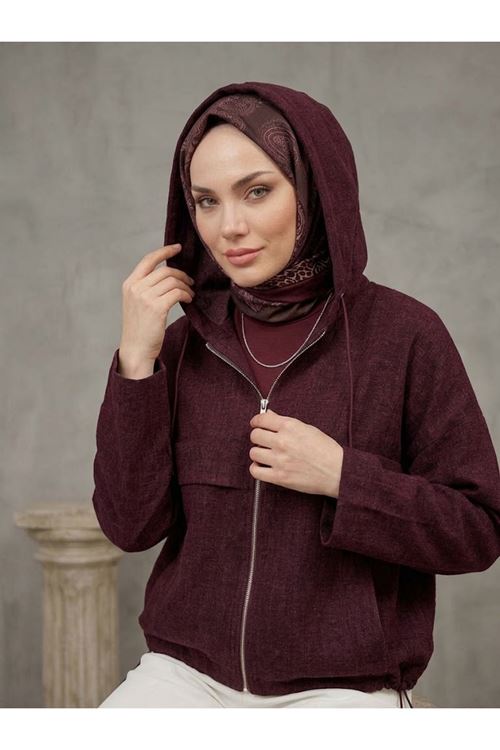Kapşonlu Fermuarlı Tunik-Bordo