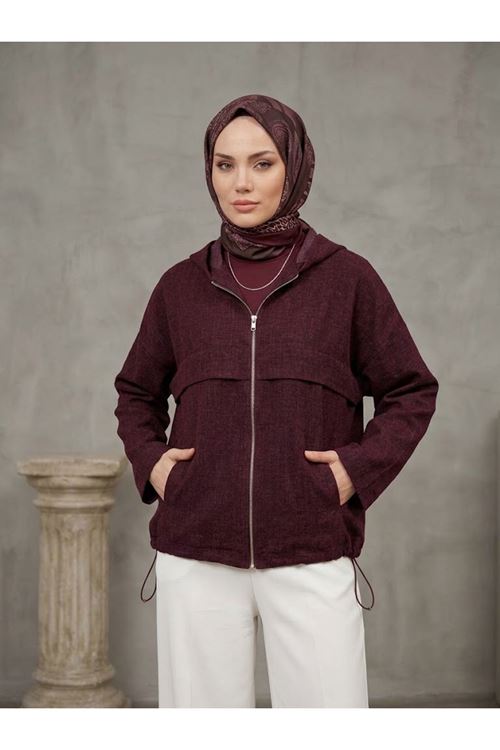 Kapşonlu Fermuarlı Tunik-Bordo