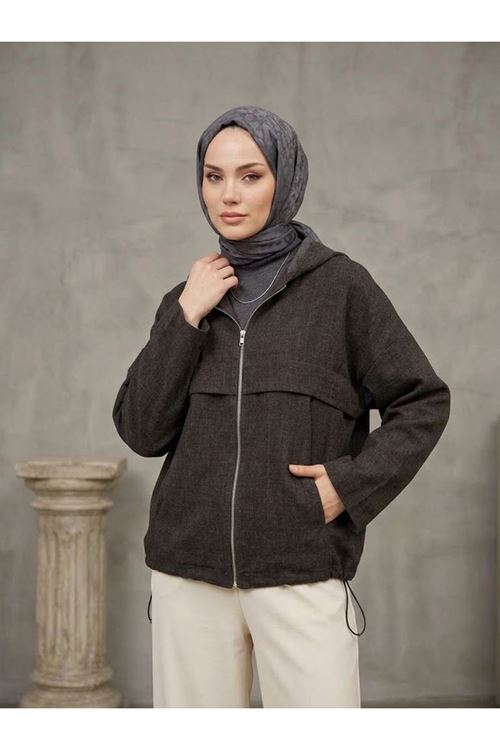 Kapşonlu Fermuarlı Tunik-Kahve