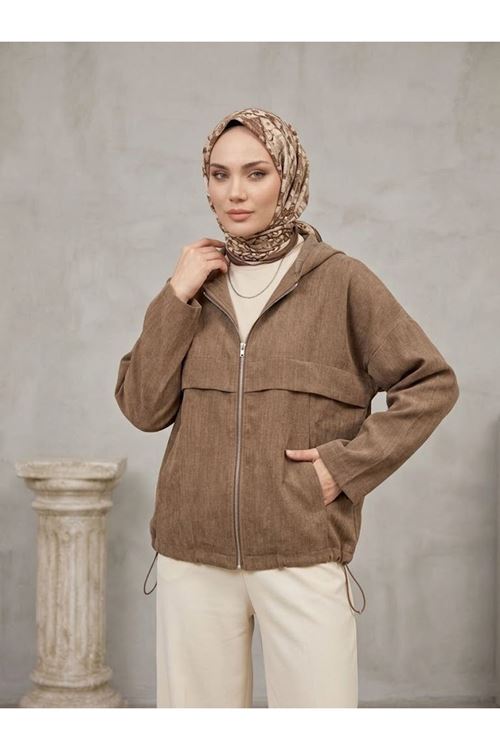 Kapşonlu Fermuarlı Tunik-Vizon