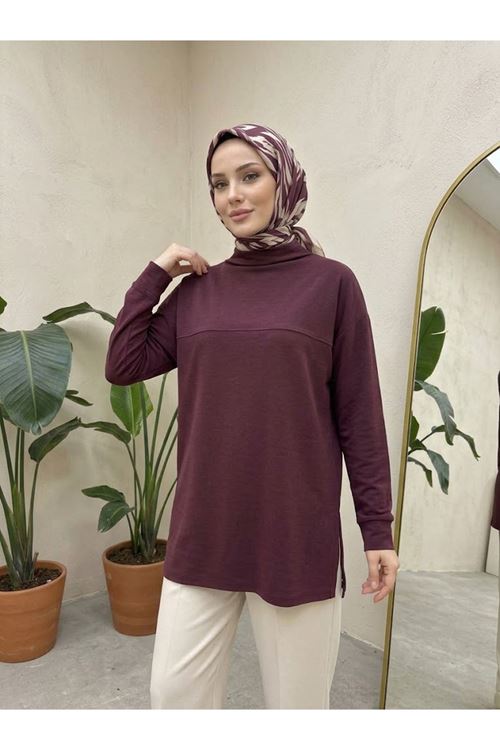 Yarım Yaka Ön Robalı Yırtmaçlı Tunik-Bordo