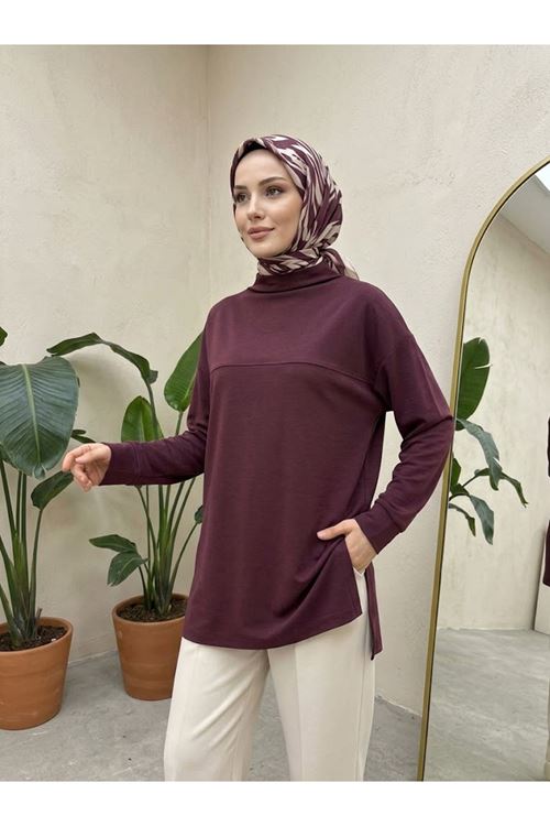 Yarım Yaka Ön Robalı Yırtmaçlı Tunik-Bordo