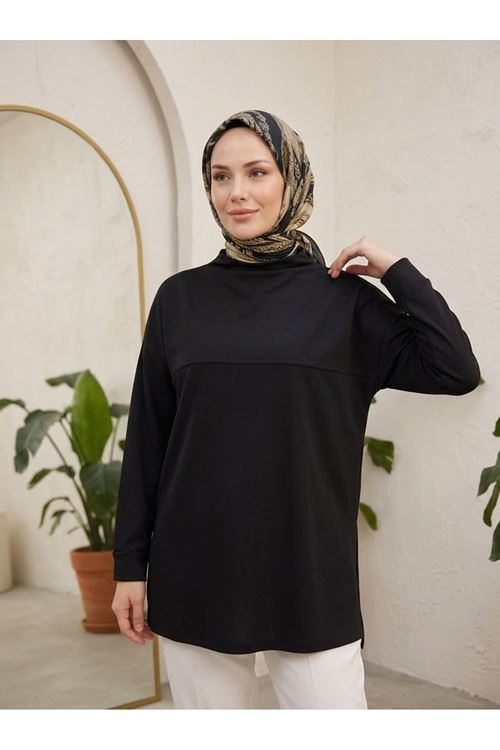 Yarım Yaka Ön Robalı Yırtmaçlı Tunik-Siyah