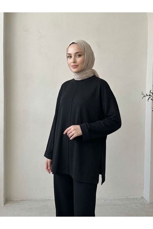 Kol Katlama detay  Yırtmaçlı Pantolonlu Takım-Siyah