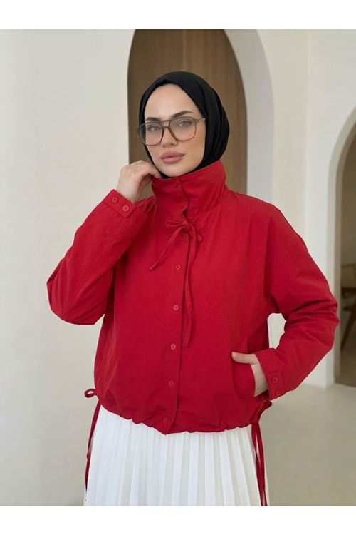 Etek Ve Yaka Biyeli Düğmeli Tunik-Kırmızı