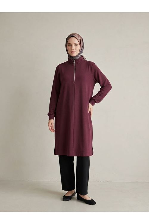 Fermuar Detay Pike Elbise-Bordo