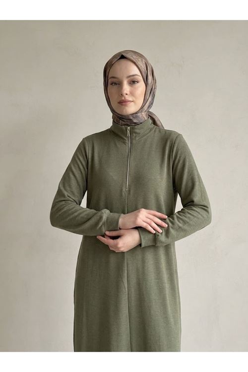 Fermuar Detay Pike Elbise-Haki