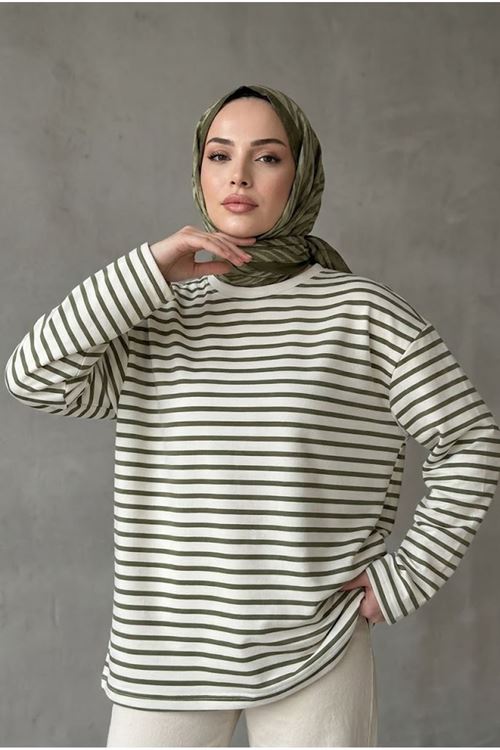 Çizgili Oysh Tunik-Haki