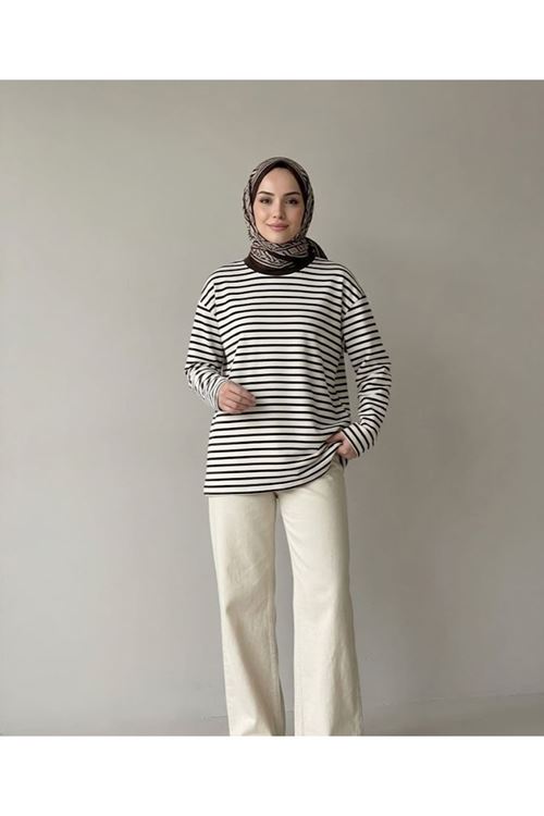 Çizgili Oysh Tunik-Kahve
